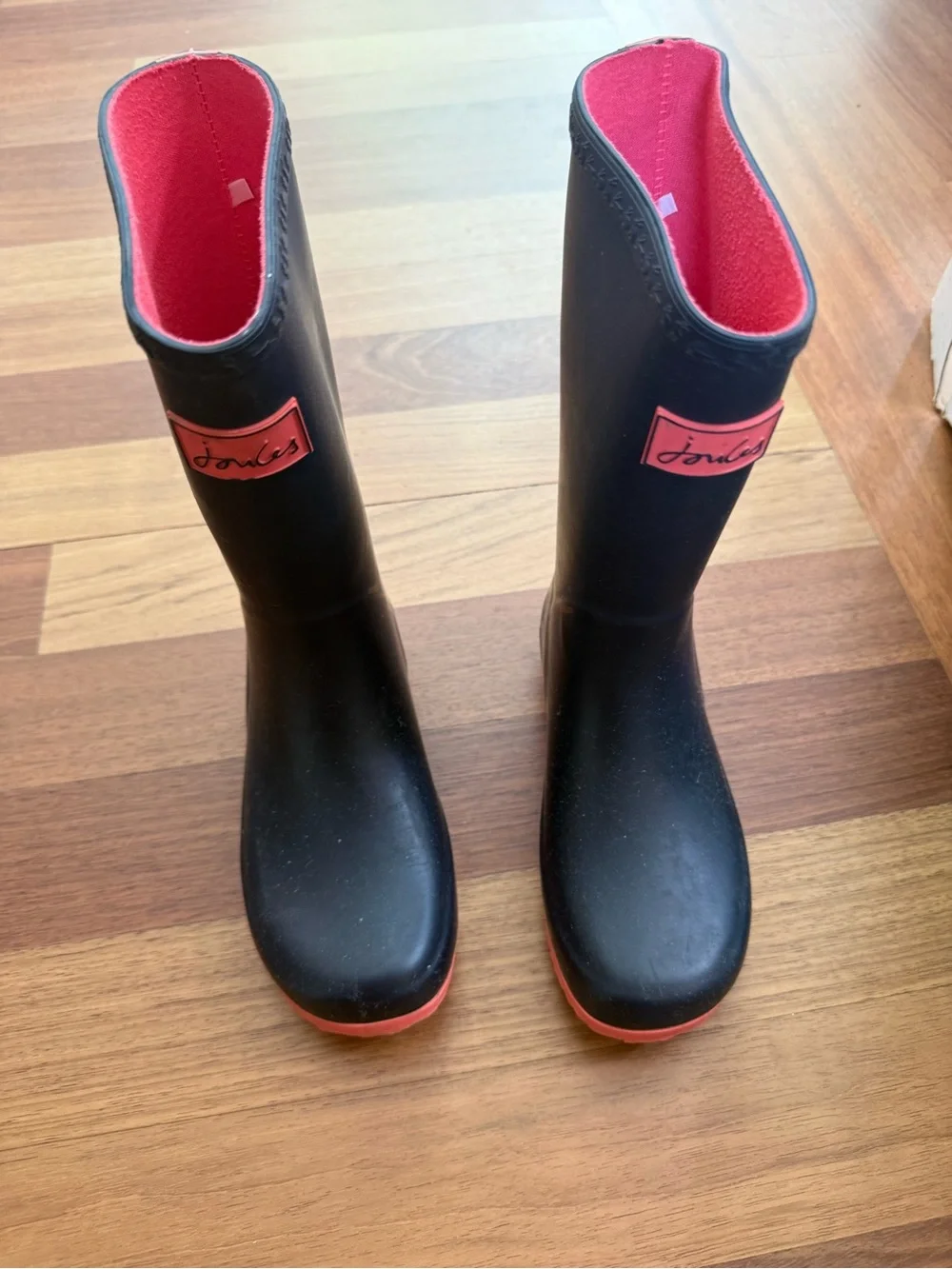 Joules Navy Kids Roll-Up Rain Boots with Pink Trim and Dachshund Motif